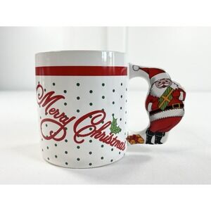 Vintage 80s Merry Christmas‎ 3D Santa Shaped Handle Polka Dot Retro Coffee Mug